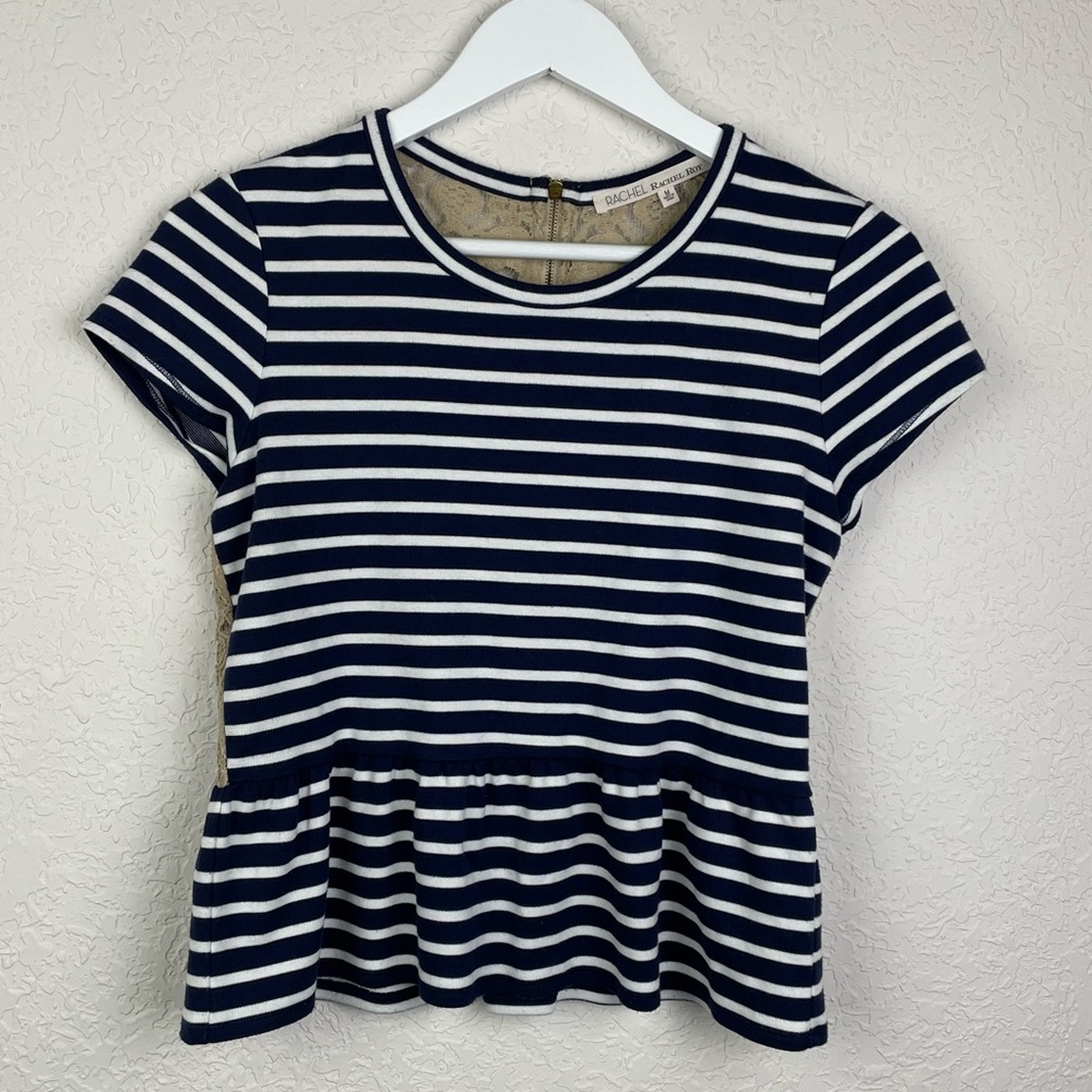RACHEL Rachel Roy Navy & White Striped Laced Back with Half Back Zipper Size Med